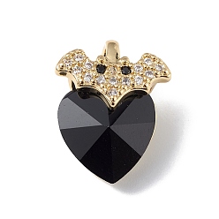 Black Real 18K Gold Plated Rack Plating Brass Micro Pave Clear Cubic Zirconia Pendants, with Glass, Long-Lasting Plated, Cadmium Free & Lead Free, Bat with Heart Charm, Black, 18x14x9.5mm, Hole: 5x3mm