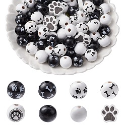 Black 75Pcs 8 Styles Spray Painted Wood Beads Sets, for Jewelry Making, Round & Dog Paw Print, White, Black, 15.5~20x15.5~20x4~15.5mm, Hole: 2.6~4mm