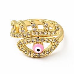 Pearl Pink Enamel Horse Eye Open Cuff Ring with Clear Cubic Zirconia, Gold Plated Brass Jewelry for Wome, Lead Free & Cadmium Free, Pearl Pink, US Size 7(17.3mm)