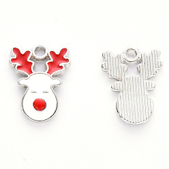 White Alloy Enamel Pendants, for Christmas, Christmas Reindeer/Stag, Platinum, White, 17x13x2mm, Hole: 1.6mm