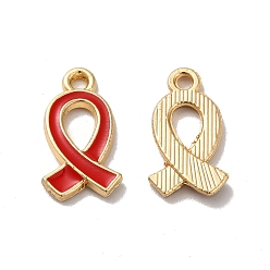 Red Alloy Enamel Pendants, Golden, Aids Awareness Ribbon Charm, Red, 17x10x2mm, Hole: 1.6mm