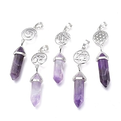 Amethyst Natural Amethyst Pointed Big Pendants, Double Terminated Pointed, with Platinum Plated Brass Findings, Faceted, Bullet, 59~67x14~15mm, Hole: 7x5mm, Gemstone: 41~44x8mm