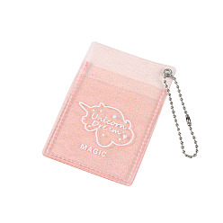 Pink 2-poche porte-clés en plastique à pochette photocarte scintillante, avec des chaînes de billes, rectangle avec motif licorne, rose, 98x67mm