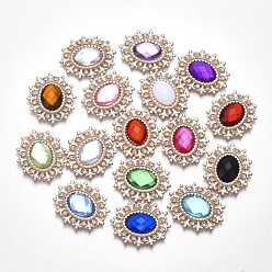Mixed Color Alloy Cabochons, with Acrylic Rhinestone and Glass Rhinestone, Faceted, Oval, Light Gold, Mixed Color, 28x24x4mm