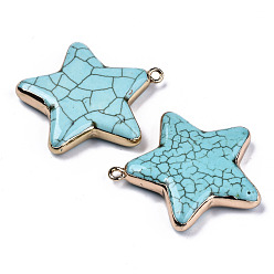 Synthetic Turquoise Star Synthetic Turquoise Pendants, with Light Gold Plated Brass Edge and Loop, Dyed, 43x40~41x7mm, Hole: 2.5mm