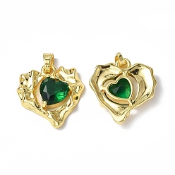 Verde Micro latón allanan colgantes cúbicos del zirconia, real 18 k chapado en oro, encanto del corazón, verde, 20x18.5x5 mm, agujero: 4.5x2 mm