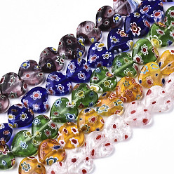 Mixed Color Handmade Millefiori Lampwork Beads Strands, Heart, Mixed Color, 11~12x12x4~5mm, Hole: 1mm, about 32~33pcs/strand, 12.72 inch~13.78 inch(32.3~35cm)