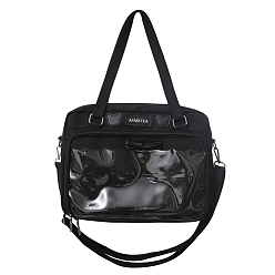 Black Nylon Shoulder Bags, Rectangle Women Handbags, with Zipper Lock & Clear PVC Windows, Black, 26x36x8cm