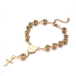 Golden & Rose Gold Rosary Bead Bracelets with Cross, 201 Stainless Steel Bracelet for Easter, Oval with Virgin Mary, Golden & Rose Gold, 9 inch(230mm)