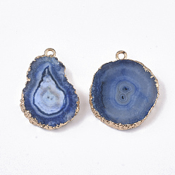 Royal Blue Natural Druzy Agate Pendants, with Brass Finding, Golden Tone Edge Plated, Dyed, Nuggets, Royal Blue, 22~33x18~25x5~7mm, Hole: 1.2~2mm