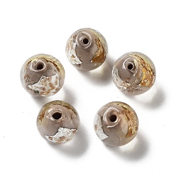 Gris Foncé Handmade lampwork perle, une feuille d'or, ronde, gris foncé, 11.5~12x11~11.5mm, Trou: 1.8~2mm