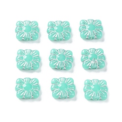 Aquamarine Opaque Acrylic Beads, Metal Enlaced, Square with Flower Pattern, Aquamarine, 9.5~10x10.5~11x3.5mm, Hole: 1.6mm, about 1990pcs/500g