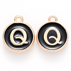 Letter Q Golden Plated Enamel Alloy Charms, Enamelled Sequins, Flat Round, Black, Letter.Q, 14x12x2mm, Hole: 1.5mm, 100pcs/Box