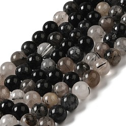Rutilated Quartz Natural Black Rutilated Quartz Beads Strands, Round, 8~9mm, Hole: 1mm, about 45~48pcs/strand, 15.7 inch.