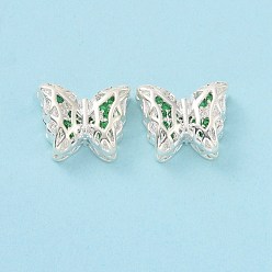 Green Eco-friendly Brass Cubic Zirconia Multi-Strand Links, Cadmium Free & Lead Free, Butterfly, Silver Color Plated, Green, 10x12x5mm, Hole: 1.2mm
