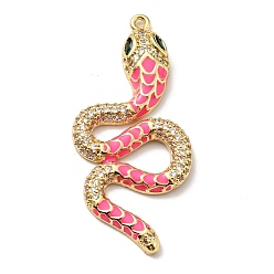 Hot Pink Brass Micro Pave Clear Cubic Zirconia Pendants, with Enamel, Cadmium Free & Lead Free, Golden, Snake, Hot Pink, 36.5x17x3.5mm, Hole: 1.2mm