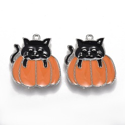 Platino Colgantes de esmalte de aleación de tema de otoño, gato negro con calabaza naranja, Platino, 21x20x1.5 mm, agujero: 1.6 mm