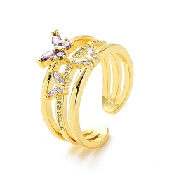 Настоящее золото 18K Открытое кольцо-манжета с фиолетовым цирконием и бабочкой, стойка с покрытием из латуни, тройная линия, широкое кольцо для женщин, без кадмия и без свинца, реальный 18 k позолоченный, размер США 8 1/2 (18.5 мм)