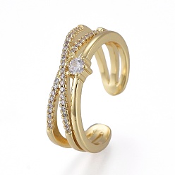 Настоящее золото 18K Латунные кольца из манжеты с прозрачным цирконием, открытые кольца, крест крест кольца, двойного кольца, х кольцо, долговечный, реальный 18 k позолоченный, внутренний диаметр: 18 мм