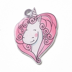 Colorido Colgantes de acrílico opaco de dibujos animados, charm corazón unicornios, colorido, 44x35x2 mm, agujero: 2.5 mm