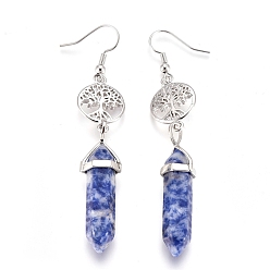 Blue Spot Jasper Pointed Bullet Natural Blue Spot Jasper Dangle Earrings, with Brass Earring Hooks and Flat Round with Tree of Life Links, Platinum, 76mm, Pin: 0.7mm