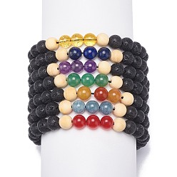 Mixed Stone 7Pcs 7 Style Natural Lava Rock & Wood  Beads & Mixed Gemstone Braided Bead Bracelets Set, Essential Oil Chakra Yoga Bracelets for Women, Inner Diameter: 2~3-1/8 inch(5.2~8cm), 7Pcs/style