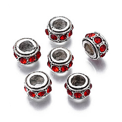Siam Alloy Rhinestone European Beads, January Birthstone Beads, Large Hole Beads, Cadmium Free & Lead Free, Fit European Bracelet Jewelry Making, Antique Silver, Rondelle, Siam, 11x6.5mm, Hole: 5mm