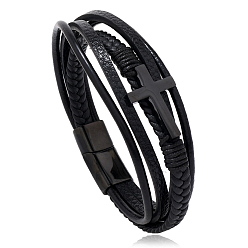 Electrophoresis Black Leather Cord Multi-starand Bracelet, Cross Link Bracelet with Stainless Steel Magnetic Clasp for Men Women, Electrophoresis Black, 8-1/4 inch(21cm)
