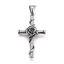 Antique Silver 304 Stainless Steel Pendants, Cross with Rose, Antique Silver, 40~40.5x25x8mm, Hole: 5x8.5mm