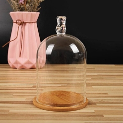 Bear Clear Glass Dome Cover, Decorative Display Case, Cloche Bell Jar Terrarium with Bamboo Base, Bear Pattern, 90x150mm