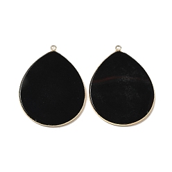 Agate Noire Pendentifs en agate noire naturelles, avec les accessoires en laiton, larme, or, teints et chauffée, 41~41.5x32x2mm, Trou: 1.5mm