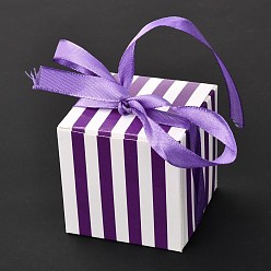 Purple Square Foldable Creative Paper Gift Box, Stripe Pattern with Ribbon, Decorative Gift Box for Weddings, Purple, 55x55x55mm
