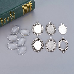 Antique Silver DIY Pendant Making, with Tibetan Style Alloy Pendant Cabochon Settings and Transparent Oval Glass Cabochons, Antique Silver, Cabochons: 25x18x5mm, 6pcs/set