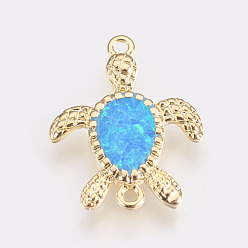 Cyan Synthetic Opal Links connectors, with Brass Findings, Turtle, Golden, Cyan, 17x13x2mm, Hole: 1mm