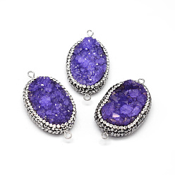 Mauve Oval Natural Druzy Agate Links connectors, with Polymer Clay Rhinestone and Platinum Tone Brass Findings, Mauve, 37~41x21~23x8~12mm, Hole: 2mm