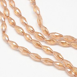 Light Salmon Electroplate Crystal Glass Rice Beads Strands, Faceted, Rainbow Color Plated, Light Salmon, 4x9mm, Hole: 1mm, about 58pcs/strand, 20.4 inch