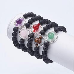 Mixed Stone Natural Lava Rock Beads Stretch Bracelets, with Gemstone Beads and Alloy Findings, 2 inch(52mm)