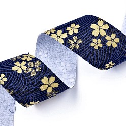 Prussian Blue Japanese Kimono Style Floral Cotton Ribbon, Single Printed, for DIY Hair Bow, Headwear, Handmade Trim, Prussian Blue, 1-1/2 inch(40mm), about 10yards/roll(9.14m/roll)