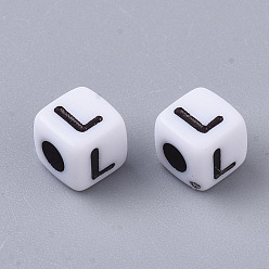 Letter L White Opaque Acrylic Beads, Horizontal Hole, Cube with Black Alphabet, Letter.L, 4~5x4~5x4~5mm, Hole: 1.8mm, about 6470~6500pcs/500g