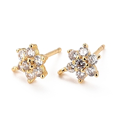 Clear Brass Micro Pave Cubic Zirconia Stud Earrings Findings, Cadmium Free & Lead Free, Flower with Loop, Real 18K Gold Plated, Clear, 9.5x6.5x3mm, Hole: 0.8mm, Pin: 0.9mm