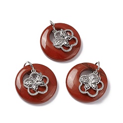 Red Jasper Natural Red Jasper Pendants, Flat Round Charms, with Platinum Tone Brass Flower with Butterfly Findings, Cadmium Free & Nickel Free & Lead Free, 30~35x28~32x10~10.5mm, Hole: 2mm