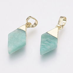 Golden Natural Amazonite Pendants, with Brass Findings, Rhombus, Golden, 18x9x4mm, Hole: 4x6mm
