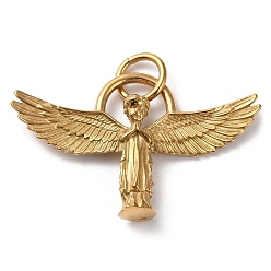 Golden Ion Plating(IP) 304 Stainless Steel Pendants, with Jump Ring, Praying Angel Charm, Golden, 28x44.5x7mm, Hole: 6.8mm