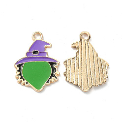 Lime Green Halloween Rack Plating Alloy Enamel Pendants, Light Gold, Witch with Hat Charm, Lime Green, 24x17x2mm, Hole: 2.5mm