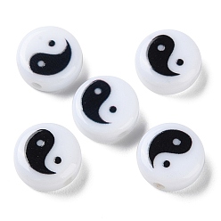Black Printed Opaque Acrylic Beads, Flat Round with Yinyang Pattern, Black, 10x5mm, Hole: 1.8mm