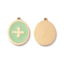 Dark Sea Green Ion Plating(IP) 304 Stainless Steel Pendants, with Enamel, Real 24K Gold Plated, Oval with Cross, Dark Sea Green, 13.5x10x1mm, Hole: 1mm