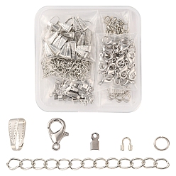 Platinum DIY Jewelry Making Finding Kit, Including Zinc Alloy Lobster Claw Clasps, Iron Open Jump Rings & Folding Crimp Ends & End Chains, Brass Snap on Bails & Wire Guardian, Platinum, 200Pcs/box