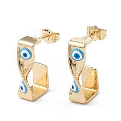 Deep Sky Blue Brass Enamel Evil Eye Stud Earrings, with Ear Nuts, Real 18K Gold Plated Twist Earrings for Women Girls, Deep Sky Blue, 24x12mm, Pin: 1mm
