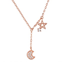 Rose Gold SHEGRACE Fashion 925 Sterling Silver Pendant Necklace, Micro Pave Grade AAA Cubic Zirconia Star and Moon Pendants(Chain Extenders Random Style), Rose Gold, 15.7 inch(40cm)
