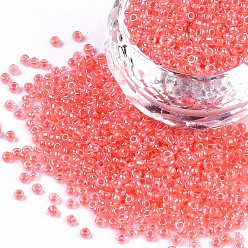 Pálida Violeta Roja 12/0 perlas de cristal de la semilla, transparente interior colores lustre, agujero redondo, rondo, rojo violeta pálido, 12/0, 2~2.5x1.5~2 mm, agujero: 0.8 mm, sobre 30000 unidades / bolsa
